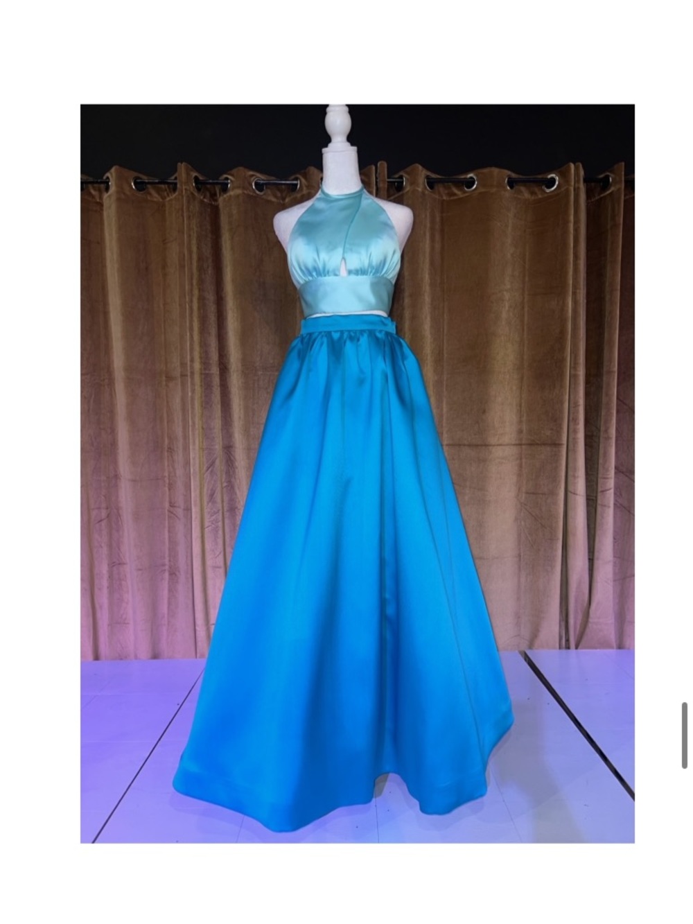 Rachel Allan Two-Piece Aqua and Teal Satin Prom Dress